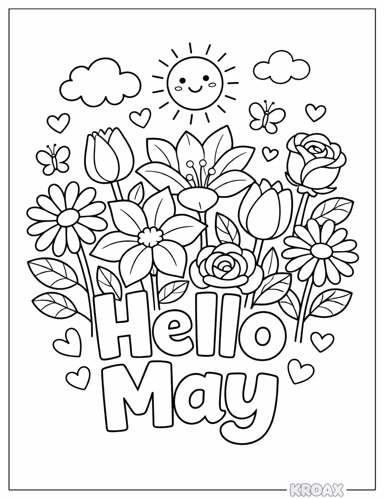 hello may blooming flowers printable coloring page