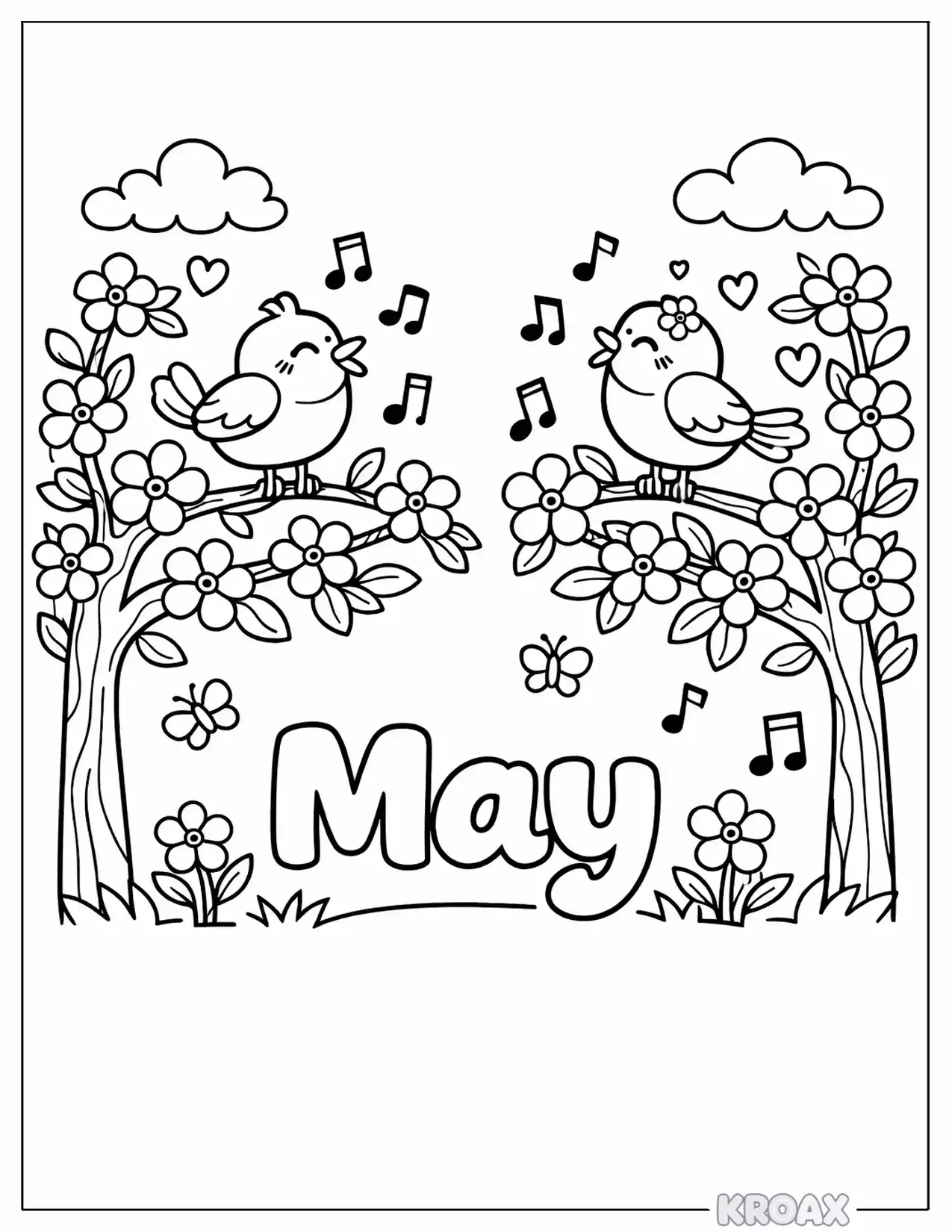 may blossom trees with singing birds printable coloring page