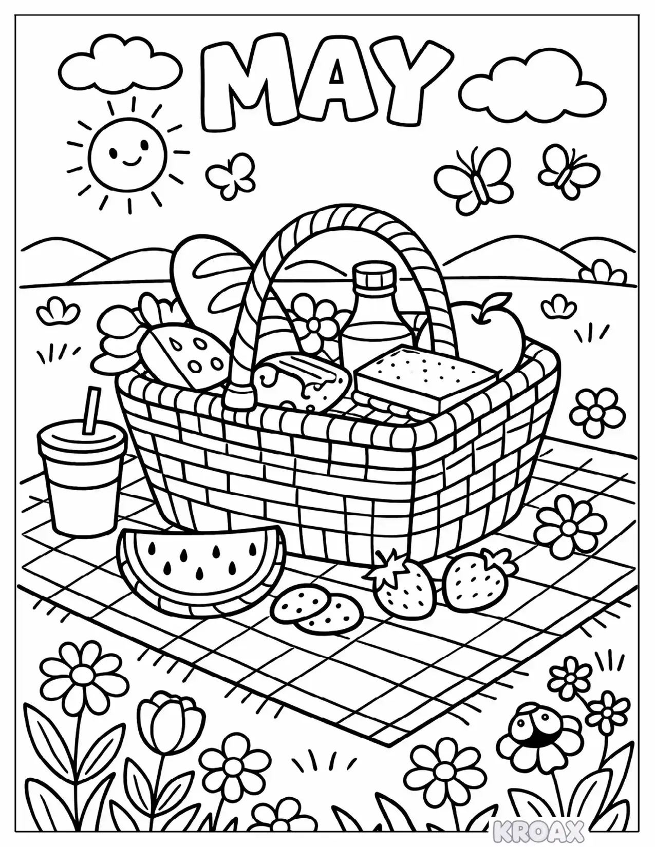 may day picnic basket and wildflowers printable coloring page