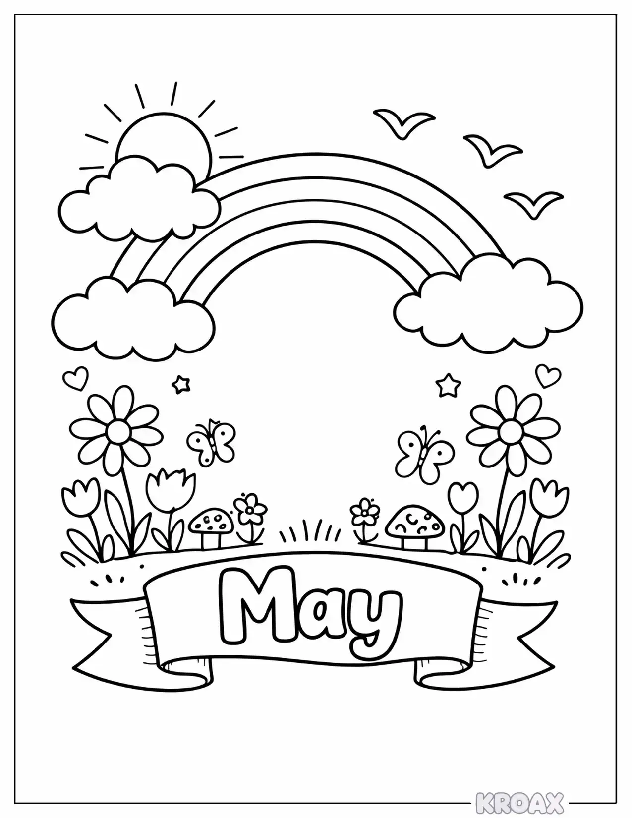 may rainbow sky with fluffy clouds printable coloring page