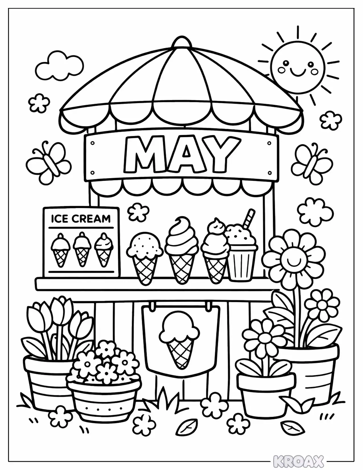 springtime ice cream stand and flowers printable coloring page