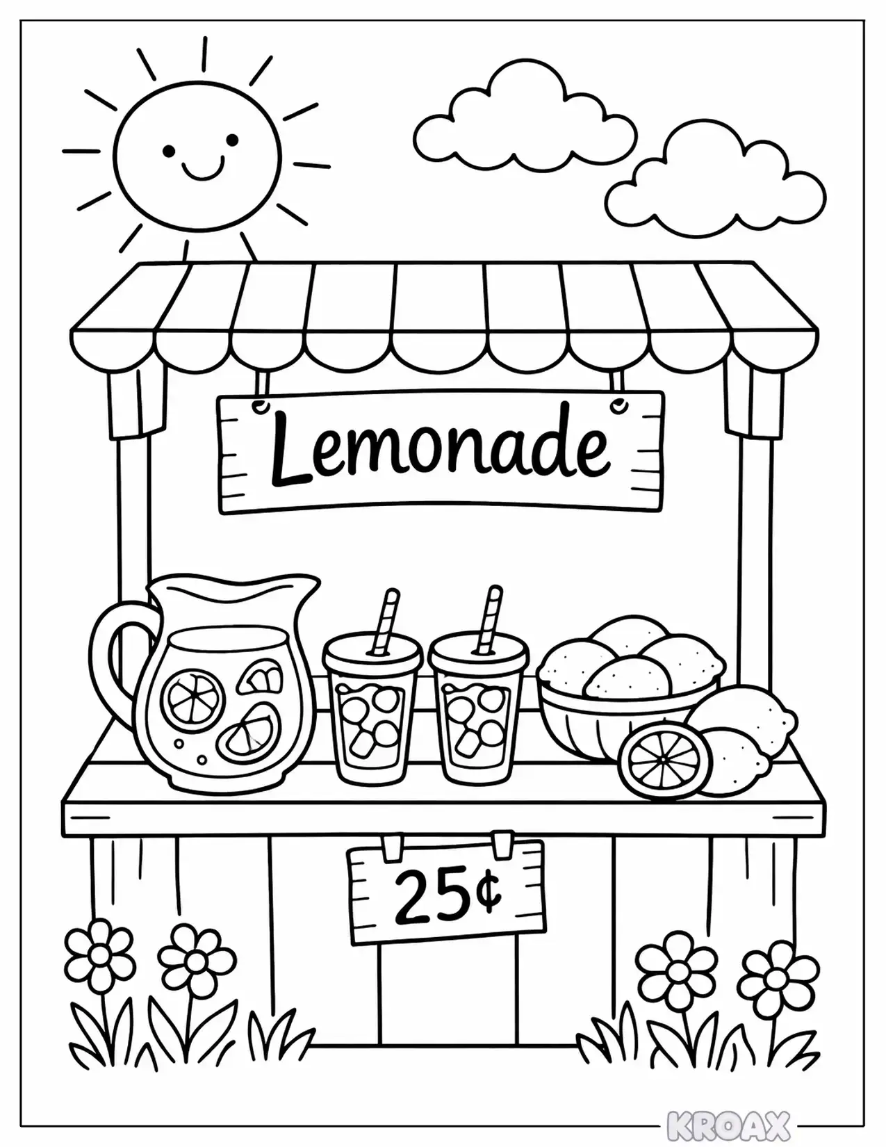 springtime lemonade stand with sunshine printable coloring page