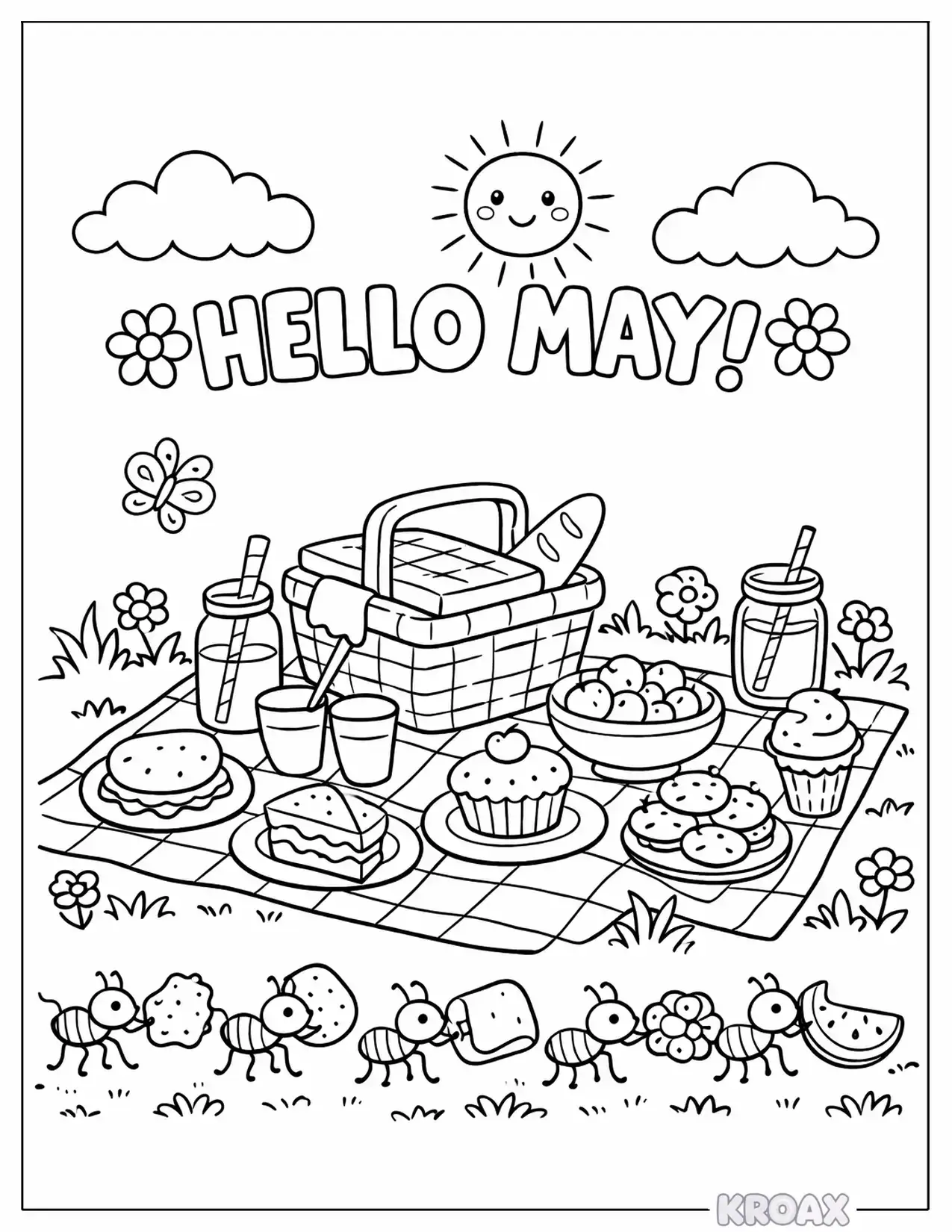 springtime picnic ants and treats printable coloring page