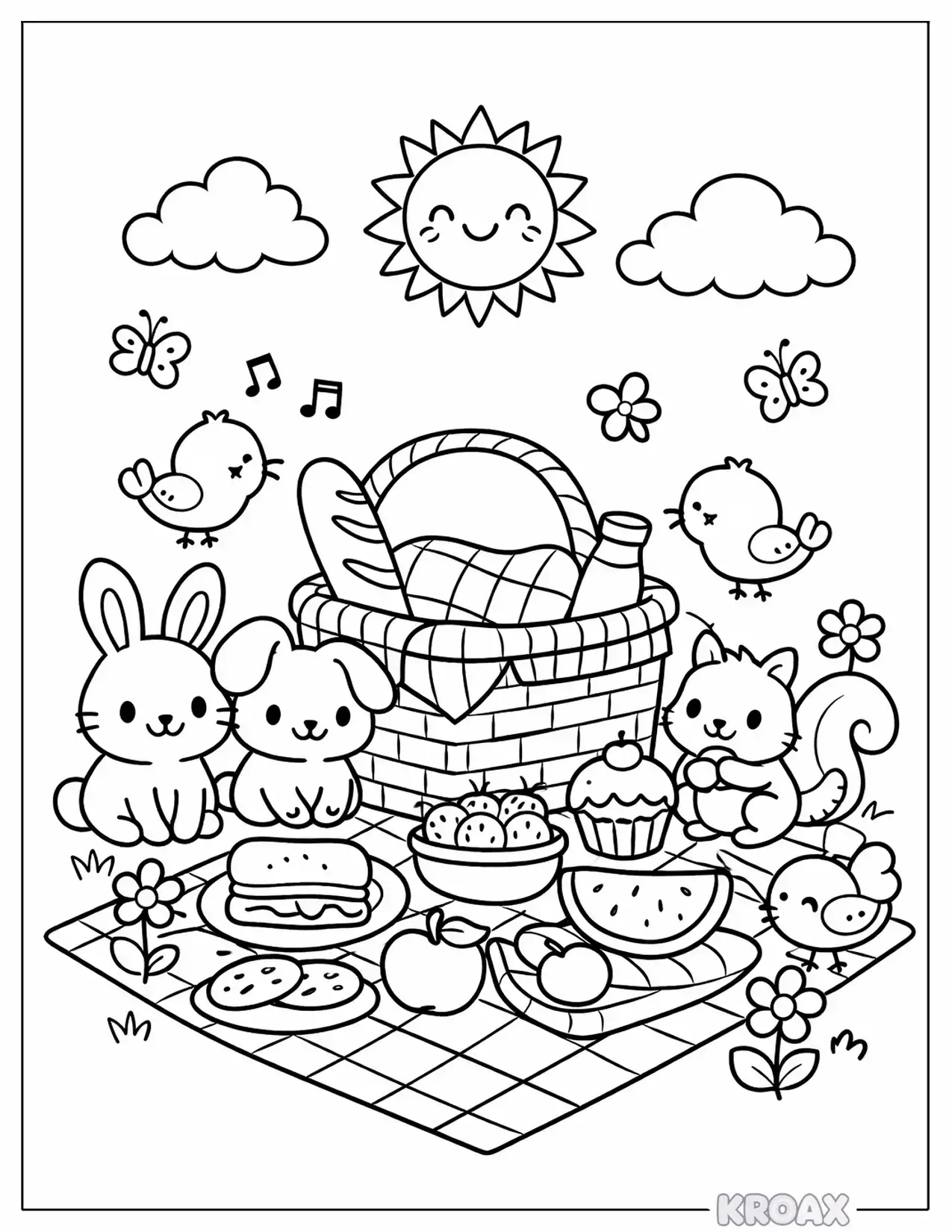 springtime picnic with friendly animals printable coloring page