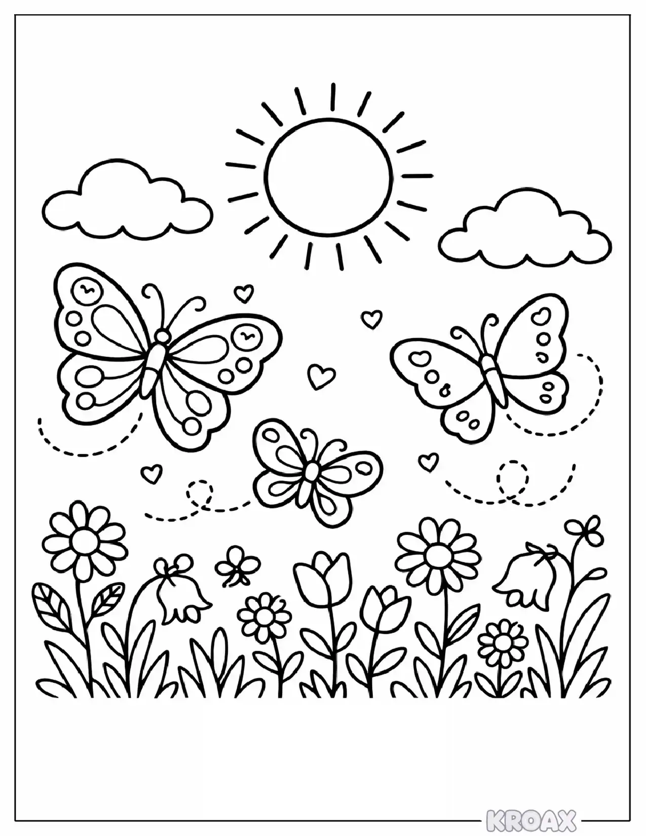 sunny meadow with dancing butterflies printable coloring page