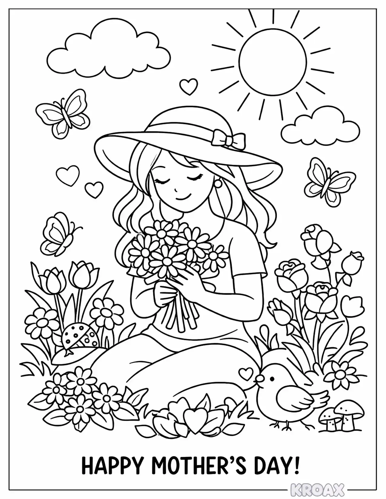 calm garden with mom and butterflies printable coloring page