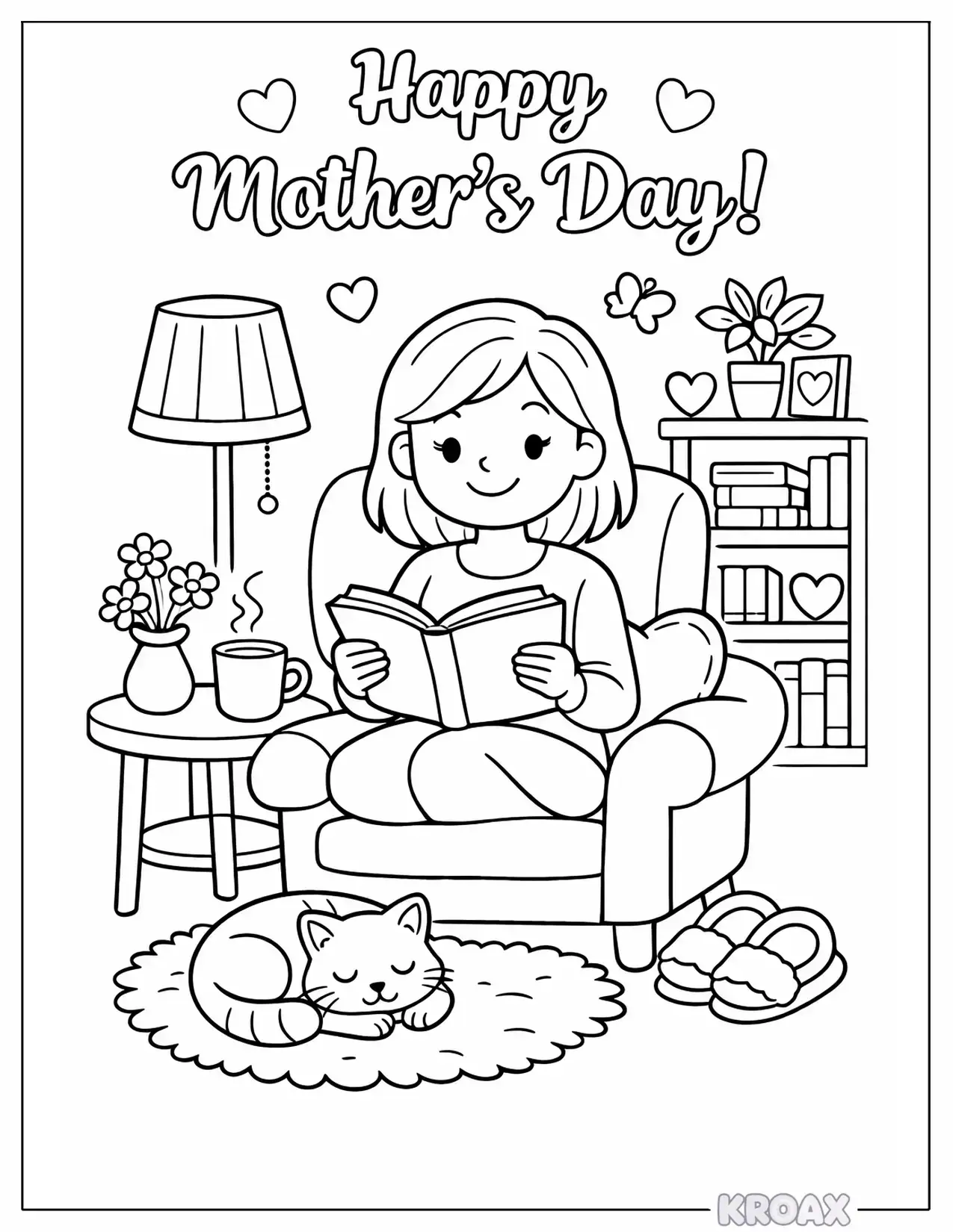 cozy mom reading corner with cat printable coloring page