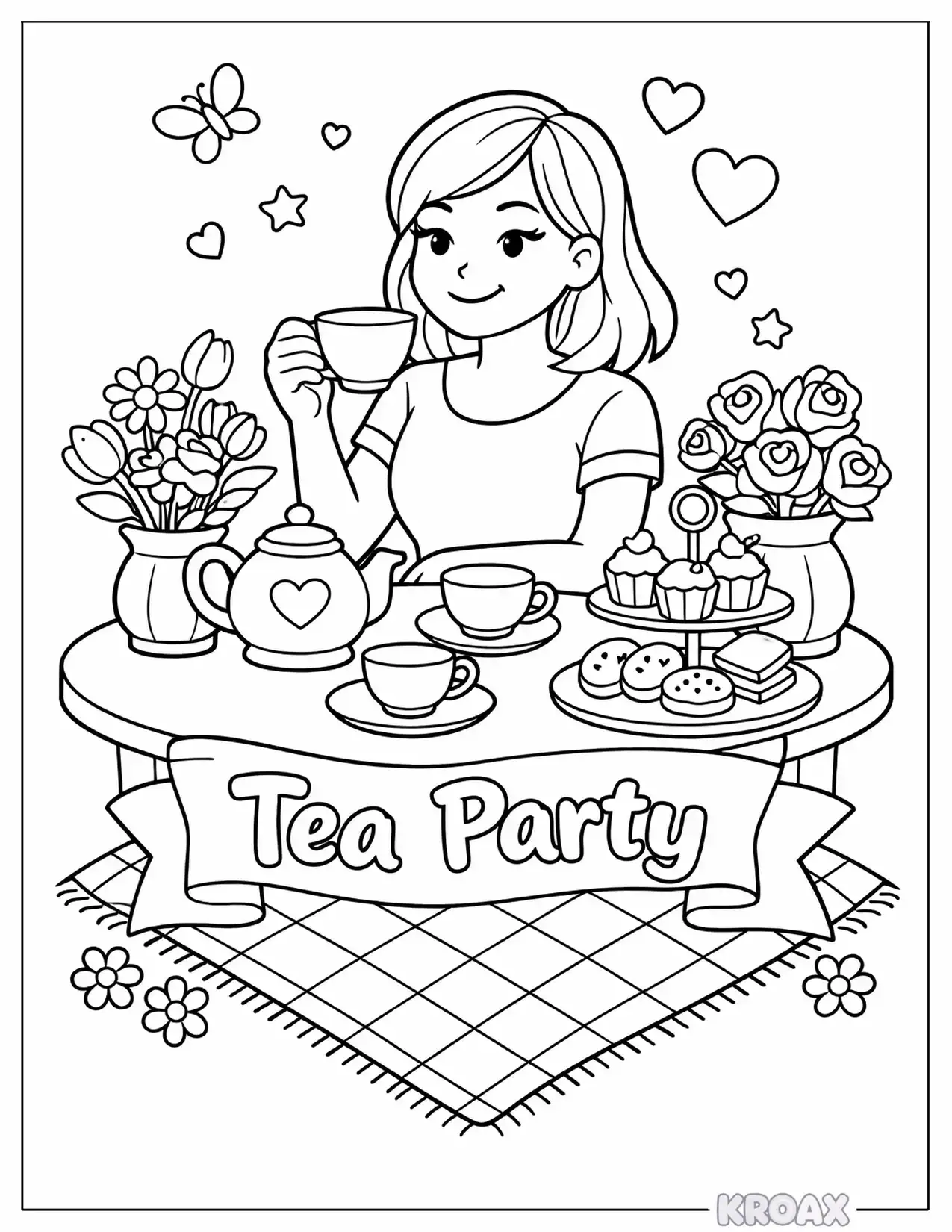 cozy mom tea party scene printable coloring page