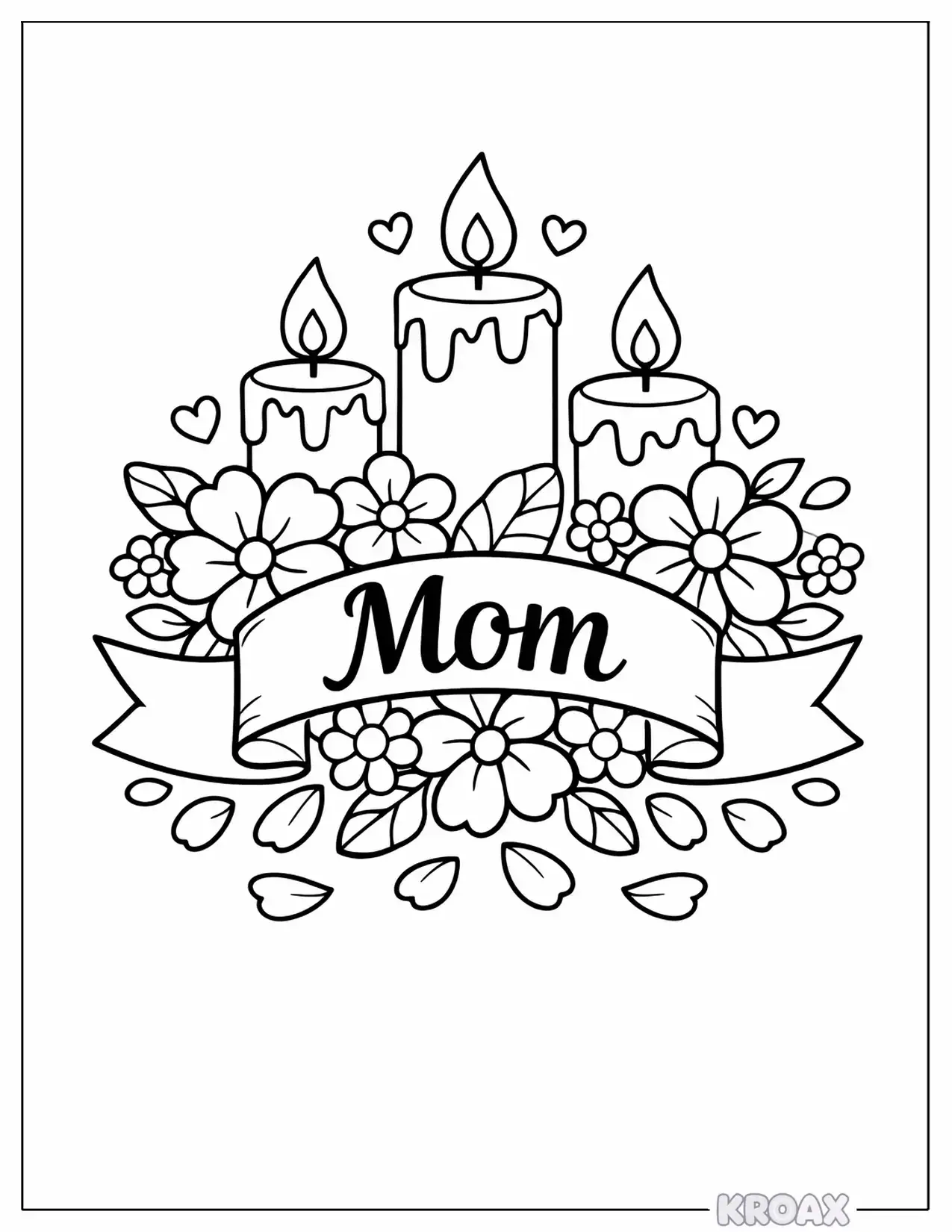 glowing candles and hearts for mom printable coloring page