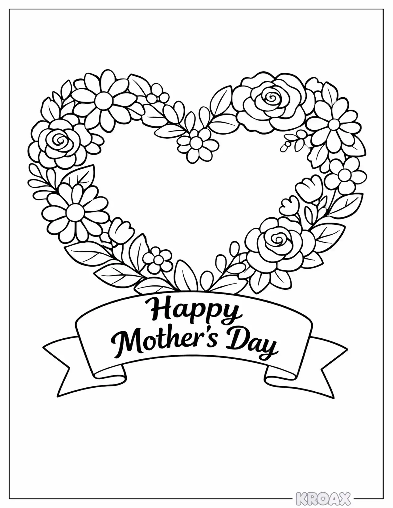 happy mother s day heart wreath printable coloring page