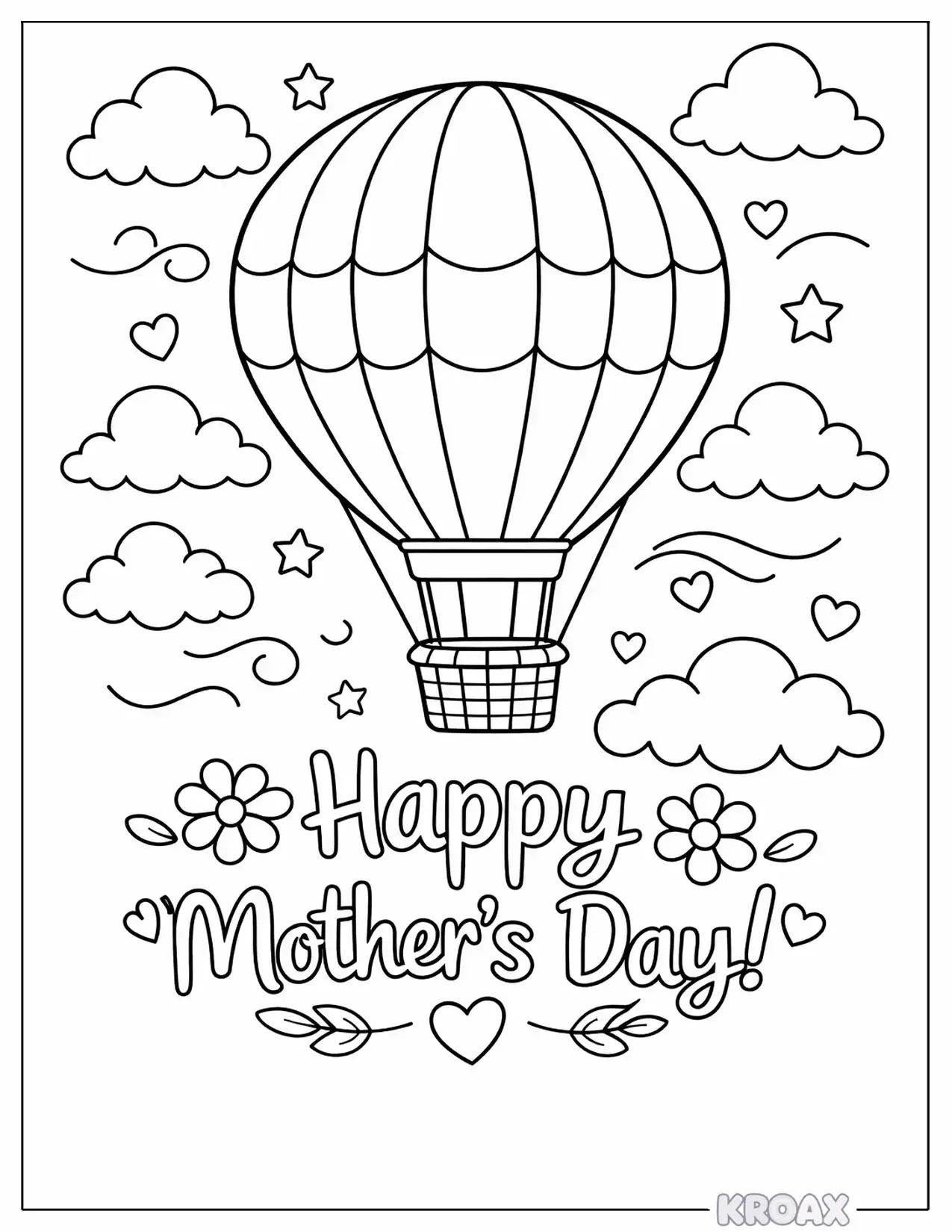 hot air balloon floating through clouds printable coloring page
