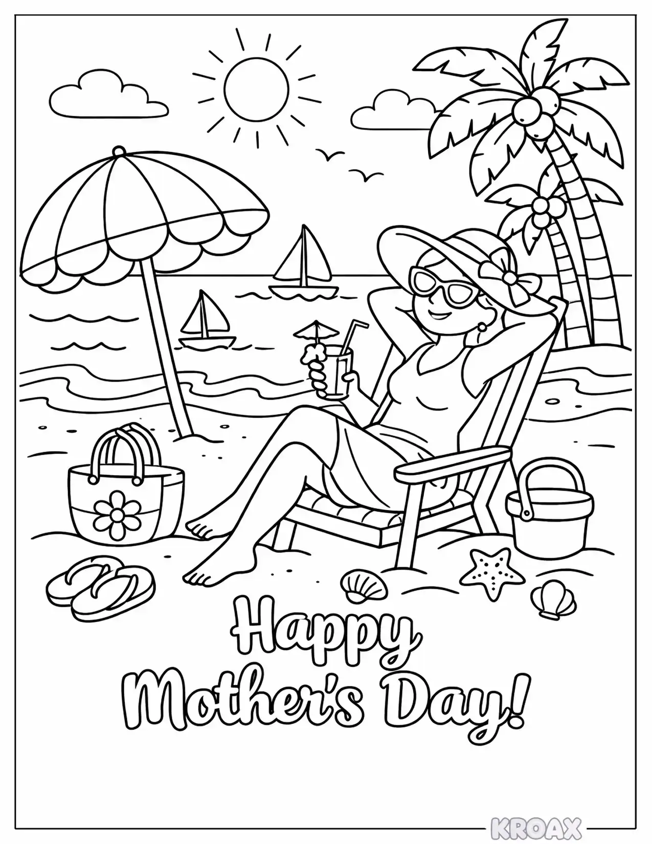 mom s beach adventure with sailboats printable coloring page