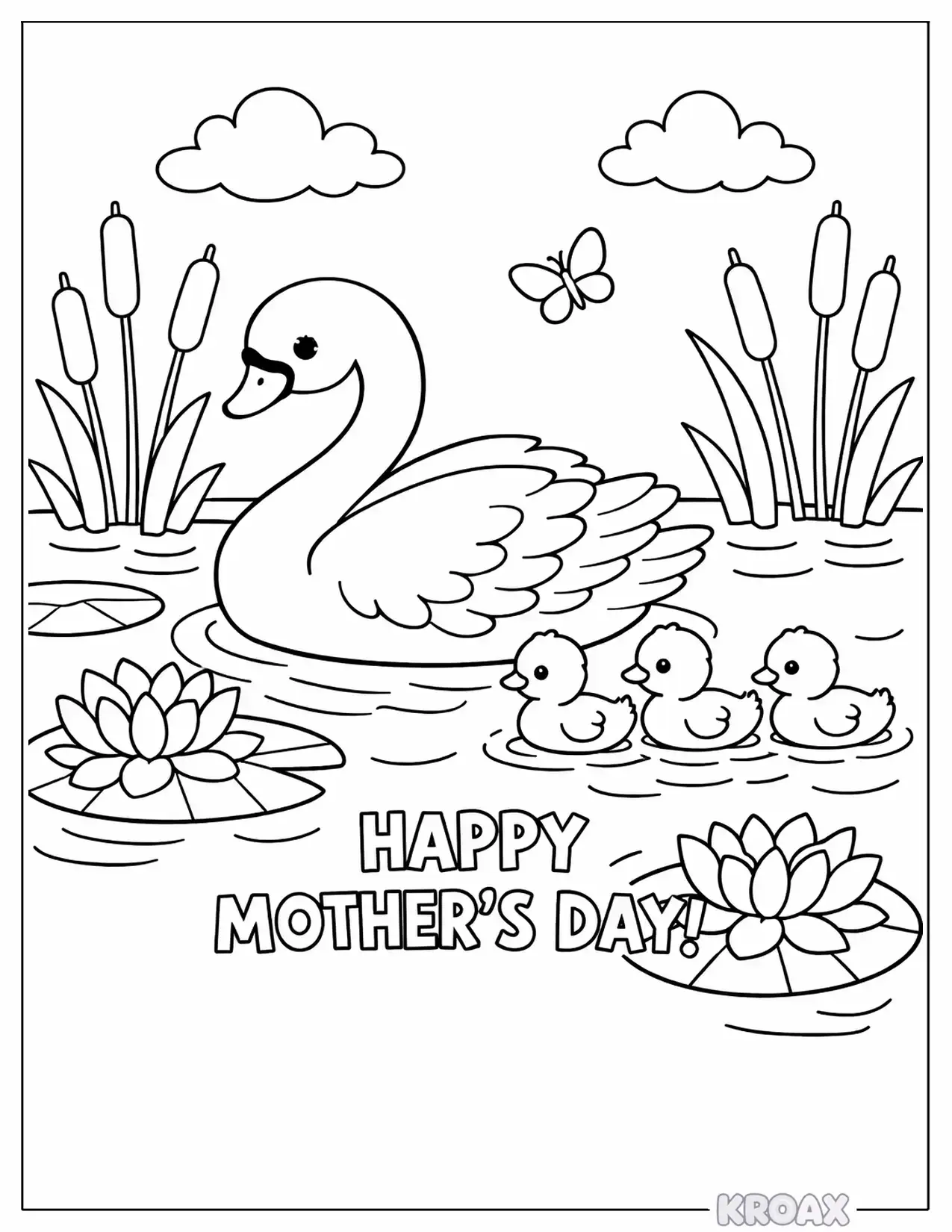mother swan with baby swans printable coloring page