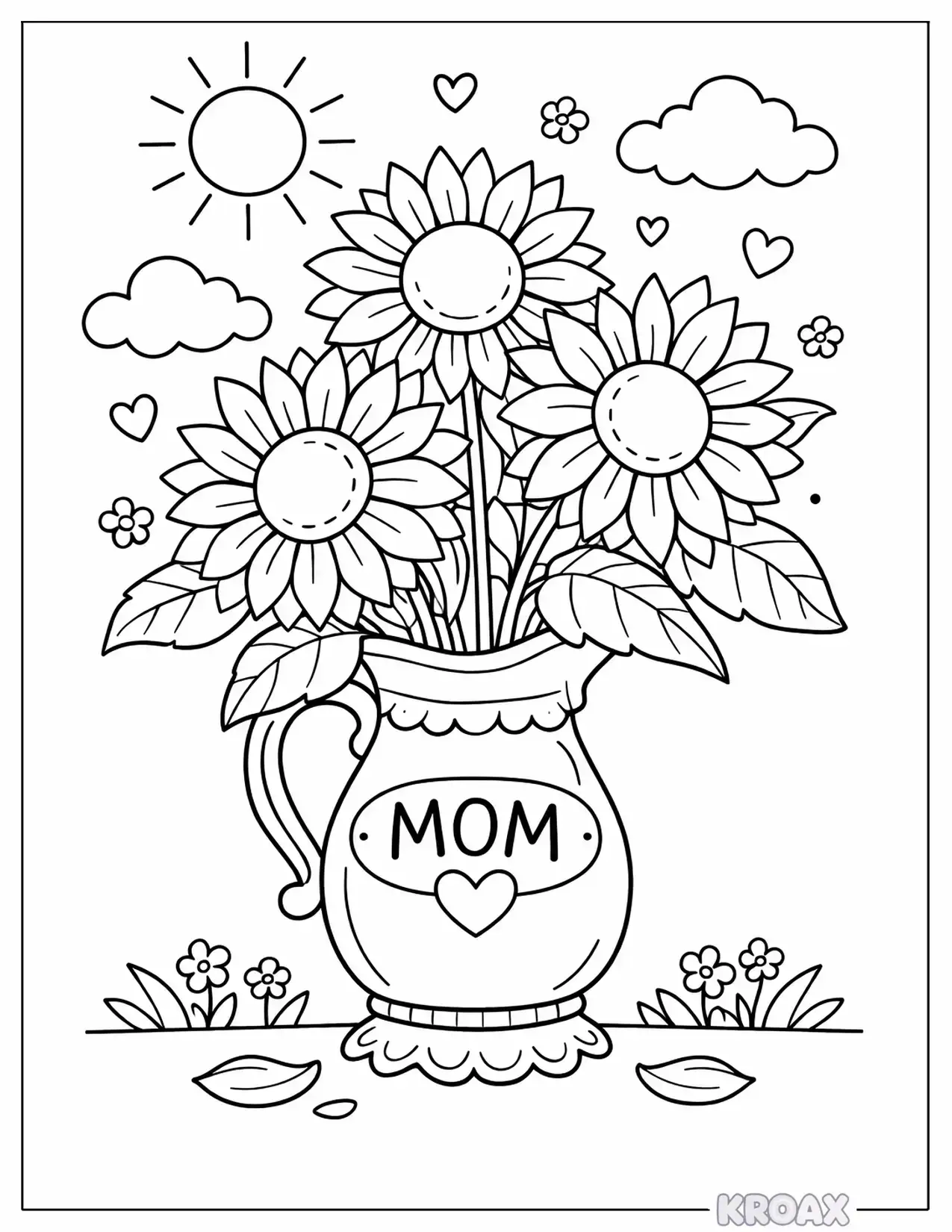 sunflowers in a vintage vase printable coloring page