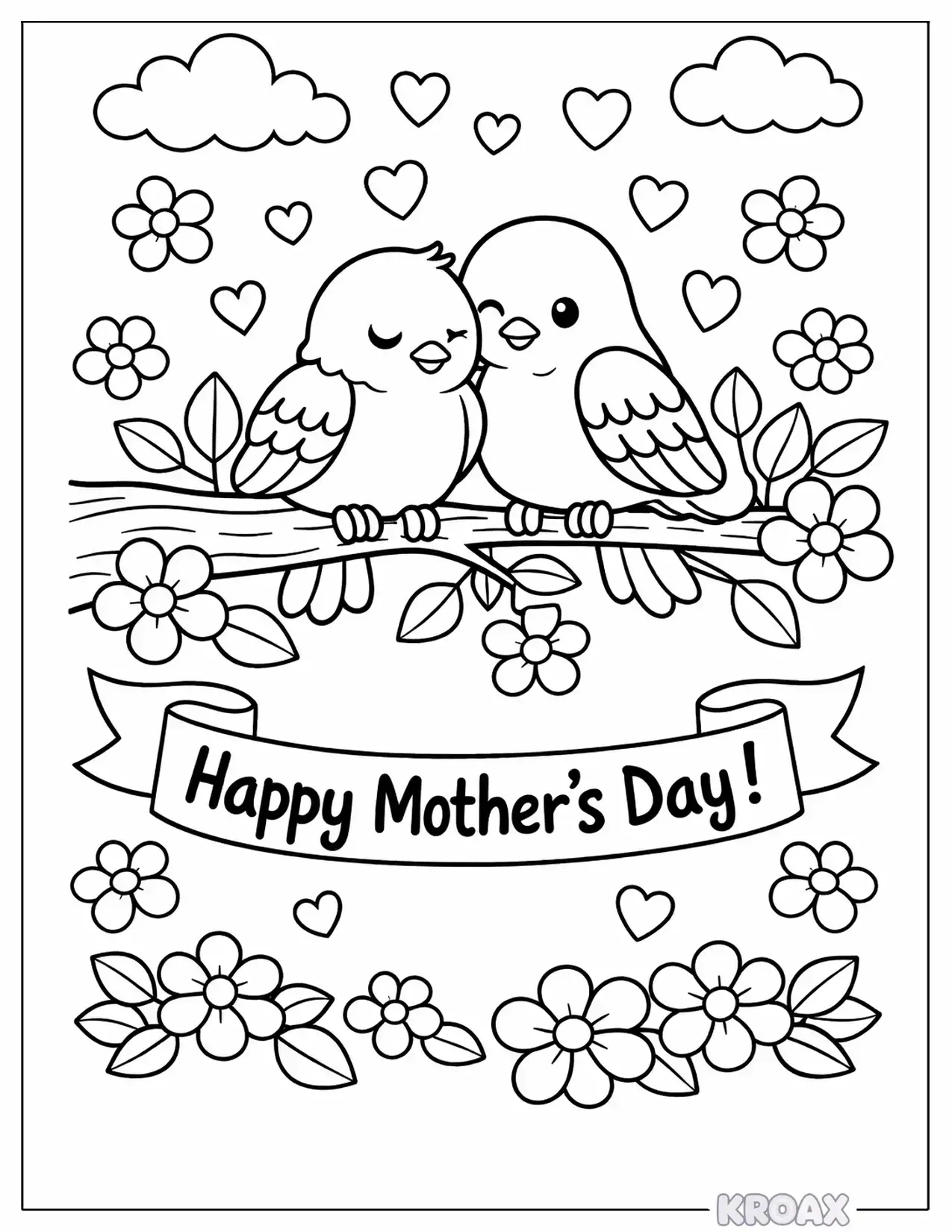 tree blossoms and love birds printable coloring page
