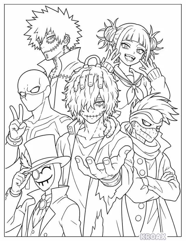 league of villains gathering bold lines printable coloring page