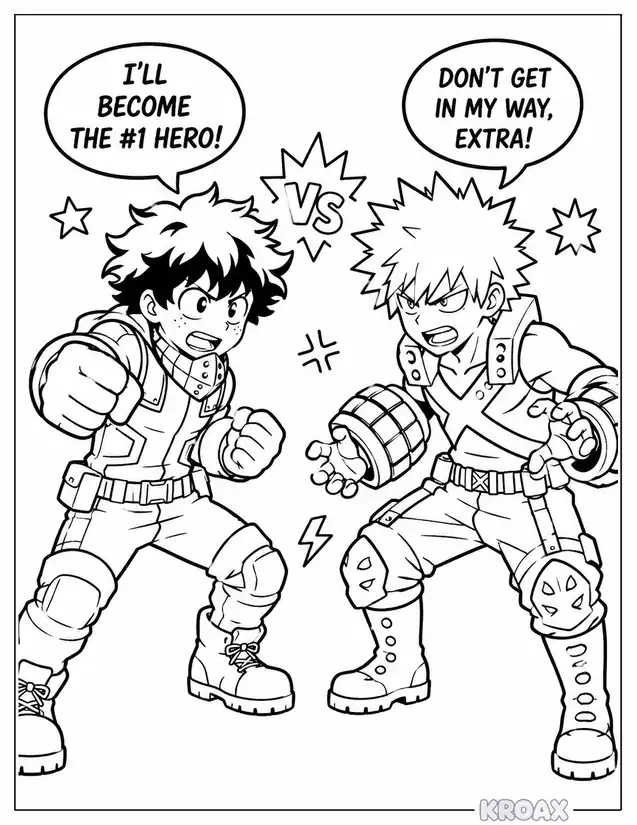 midoriya and bakugo rivalry doodle printable coloring page