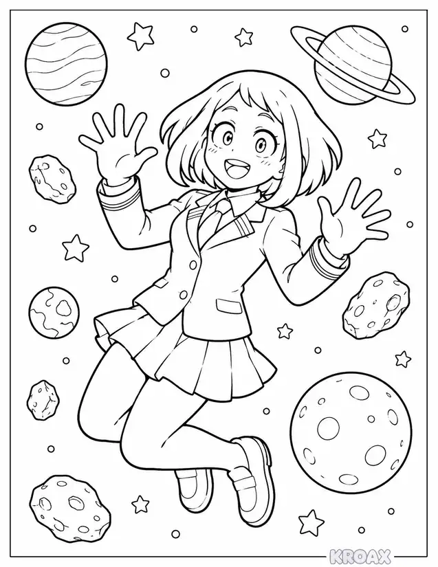 ochaco uraraka floating in space printable coloring page