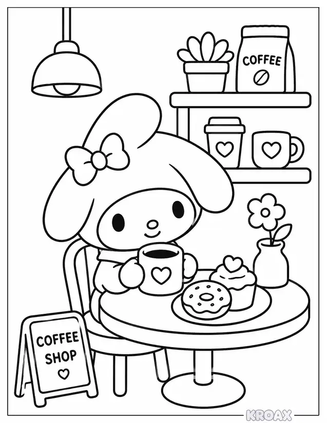 my melody at the cozy coffee shop printable coloring page