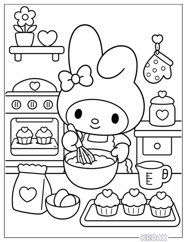 my melody baking in her kitchen printable coloring page