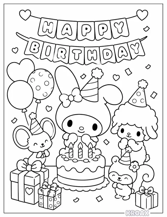 my melody birthday celebration with friends printable coloring page