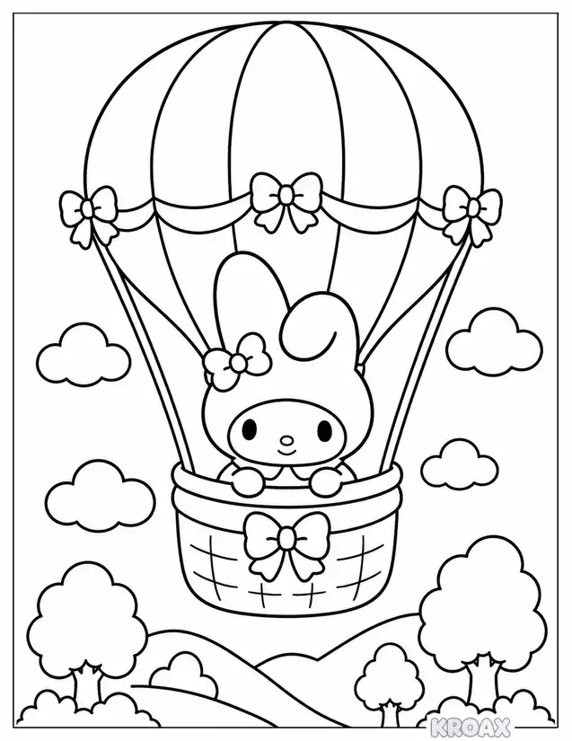 my melody riding a hot air balloon printable coloring page