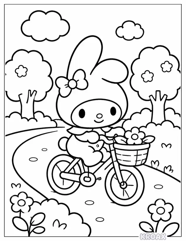 my melody riding her bicycle adventure printable coloring page