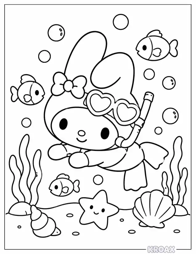 my melody swimming with sea friends printable coloring page
