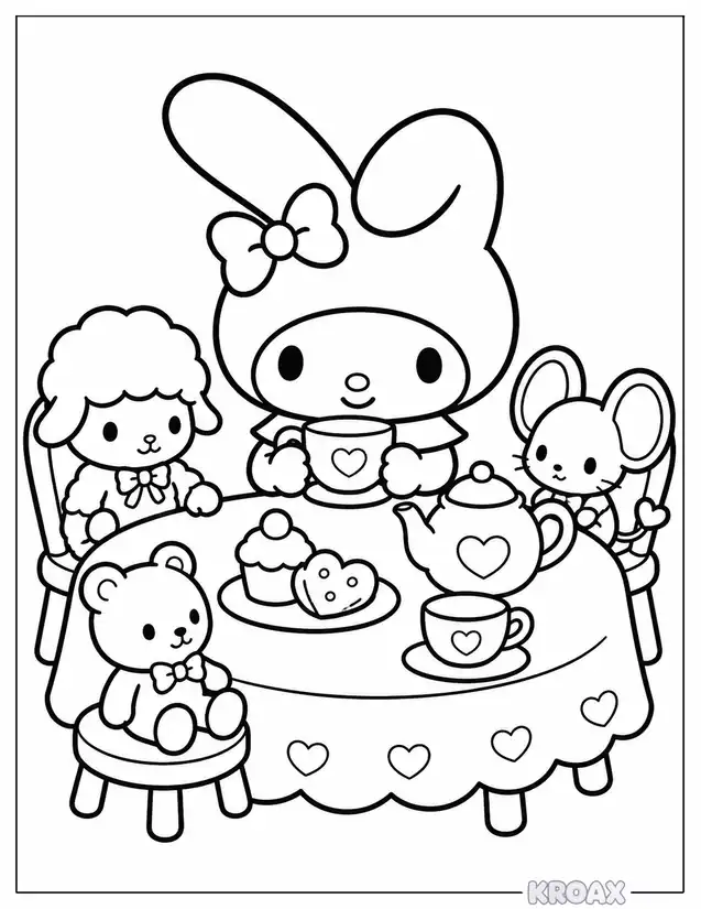 my melody tea party scene printable coloring page