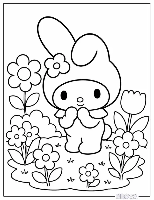my melody with flowers garden printable coloring page