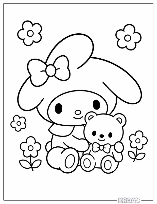 my melody with teddy bear printable coloring page