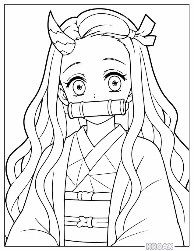 cute nezuko in bamboo muzzle printable coloring page