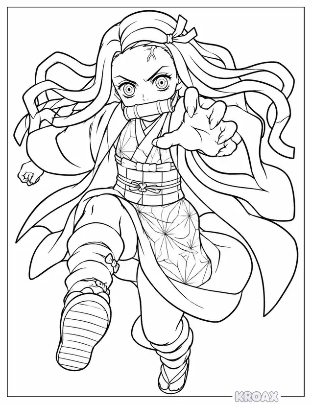 demon slayer girl in action pose printable coloring page