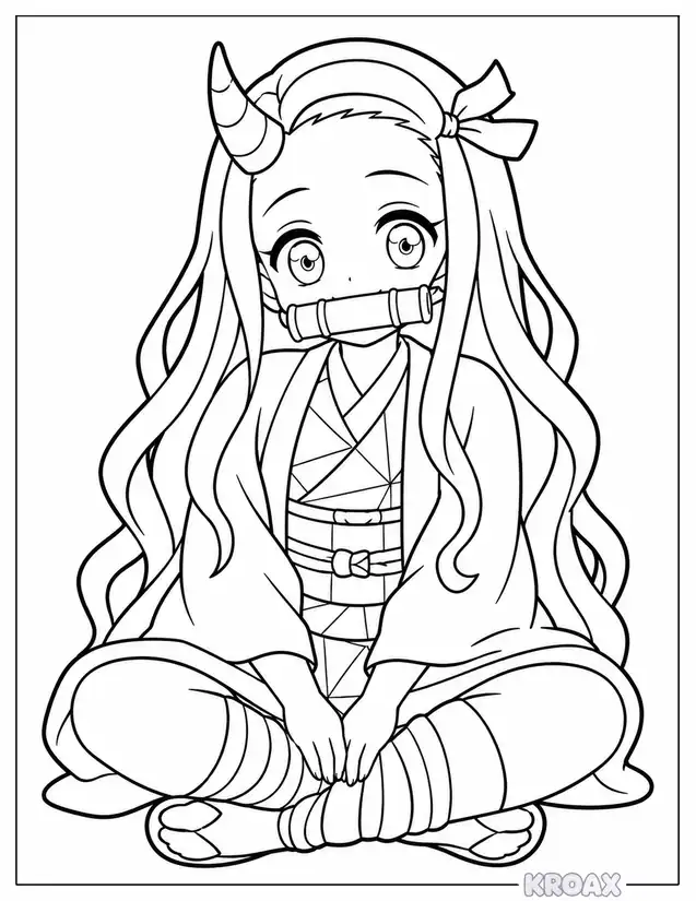 kawaii nezuko sitting pose printable coloring page