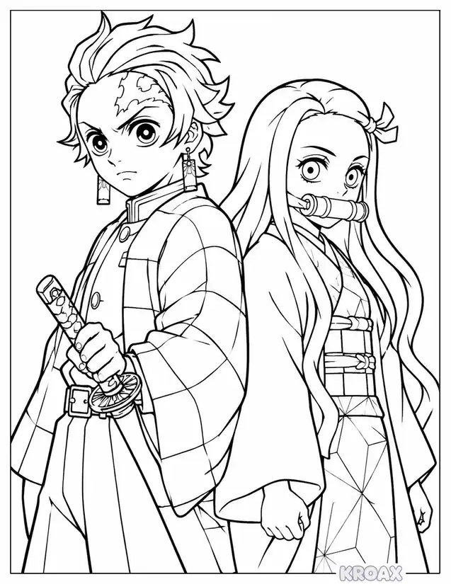 nezuko and tanjiro back to back printable coloring page
