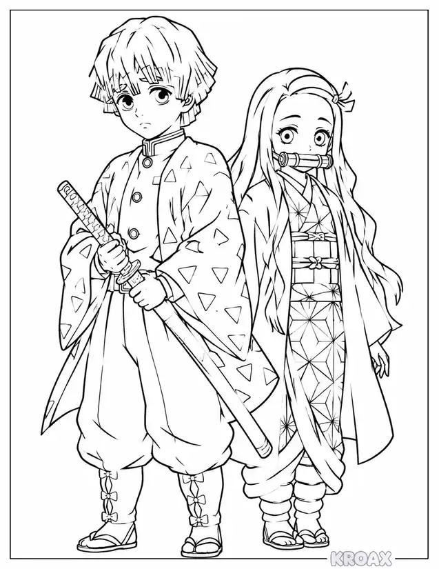 nezuko and zenitsu together printable coloring page
