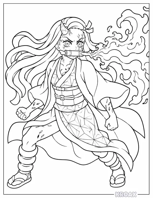 nezuko breathing flame with power printable coloring page