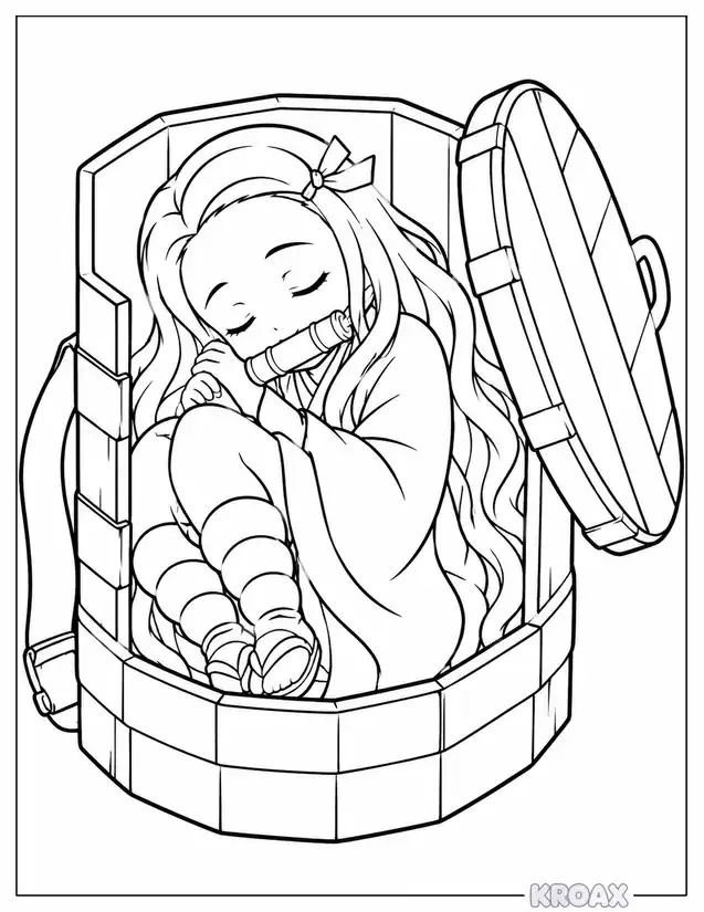 nezuko curled up in wooden jar printable coloring page