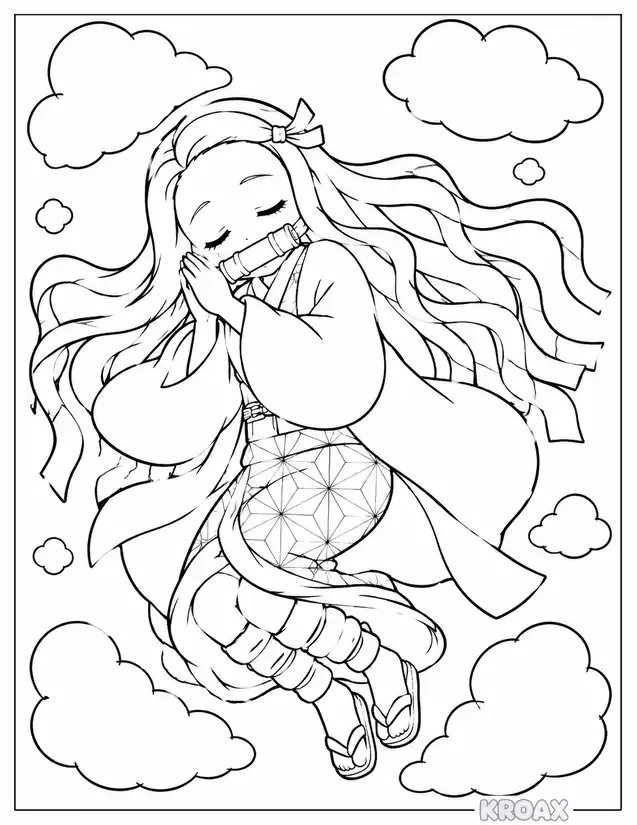 nezuko floating in peaceful sleep printable coloring page