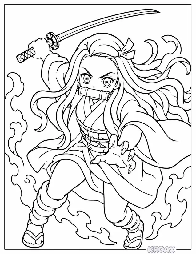 nezuko in demon slayer battle scene printable coloring page
