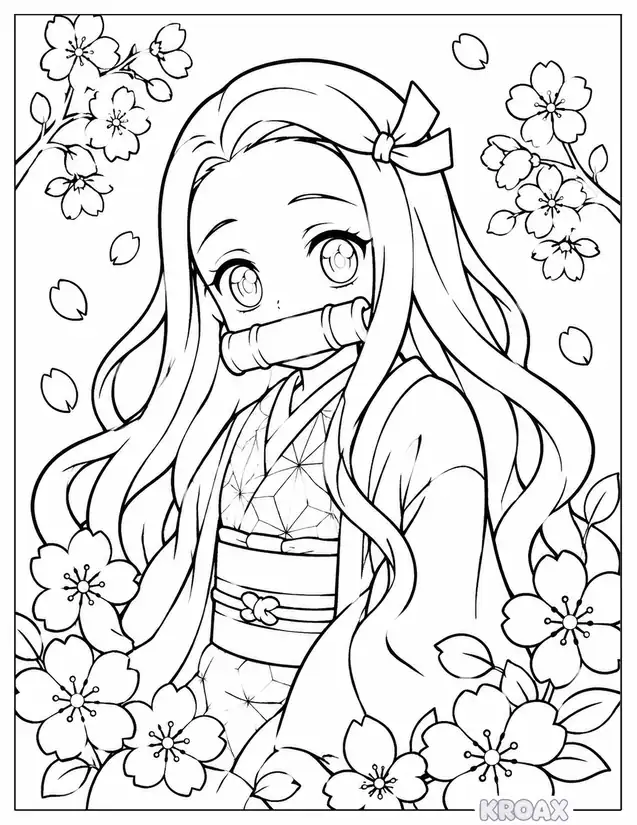 nezuko in traditional kimono and flowers printable coloring page