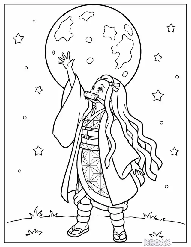 nezuko reaching for the moon printable coloring page