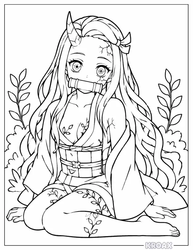 nezuko relaxing in demon form printable coloring page