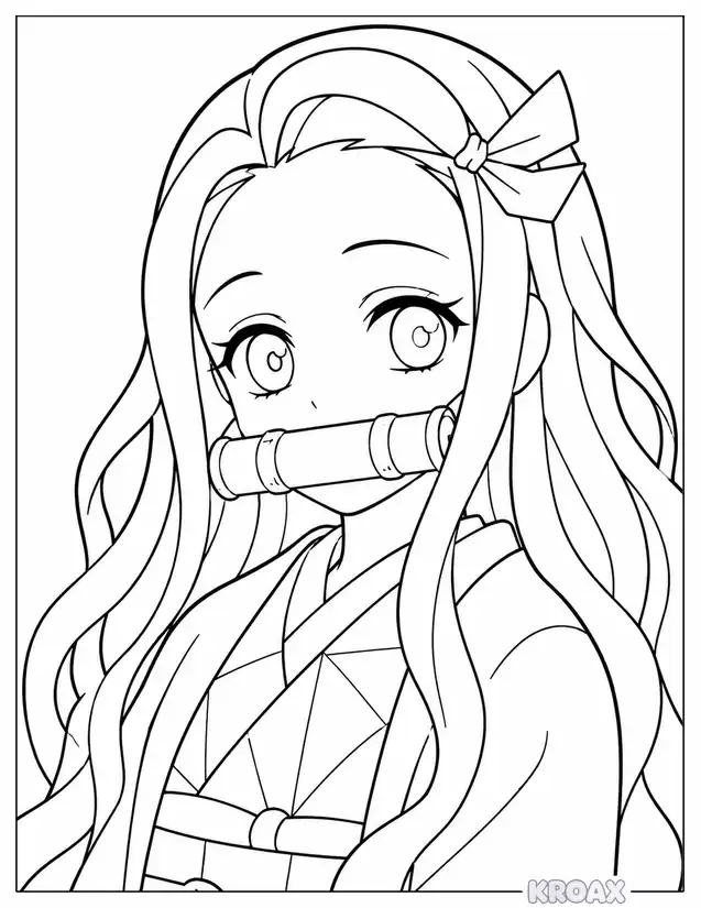 nezuko s gentle face with flowing hair printable coloring page