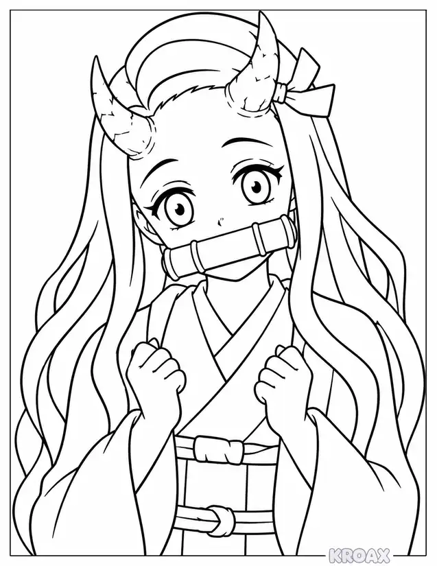 nezuko smiling with demon horns printable coloring page