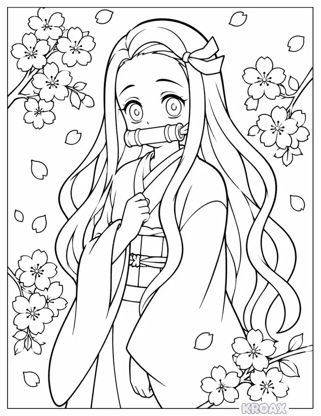 nezuko with cherry blossom background printable coloring page