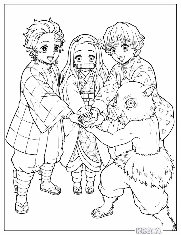 nezuko with demon slayer friends circle printable coloring page