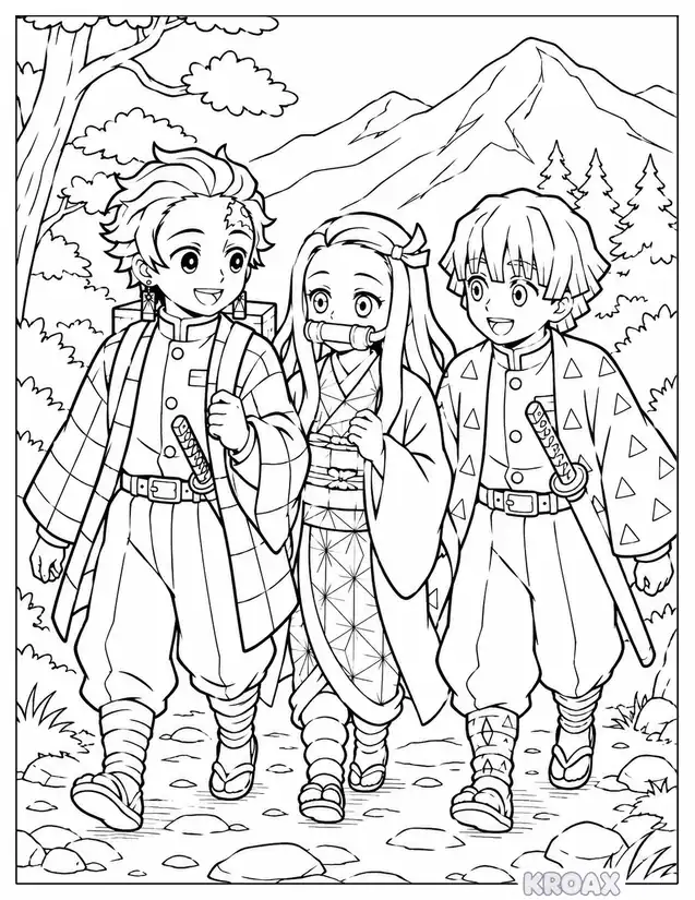 nezuko with tanjiro and zenitsu adventure printable coloring page