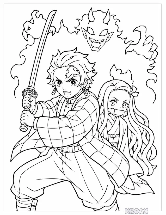 tanjiro protecting nezuko from danger printable coloring page