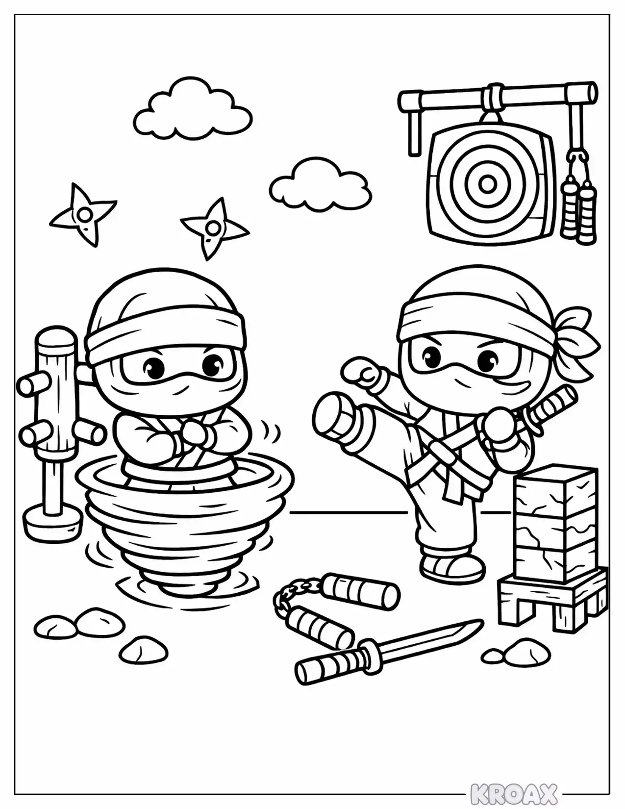 baby ninja characters learning spinjitzu printable coloring page